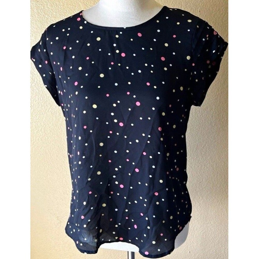 Lily White Women's Black Polka Dot Cap Sleeve Round Neck Blouse Size M